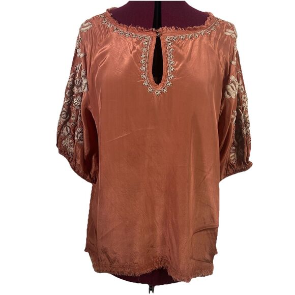 Sundance Embroidered Beaded Satin Peasant Top Blouse Sz S Mauve Boho Cottagecore - Picture 2 of 12